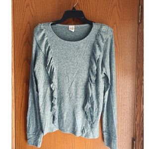 Sage green heathered, ruffle sweater. Size M